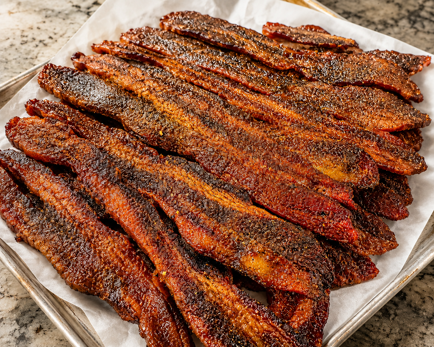Hog Wild bacon jerky strips on a tray